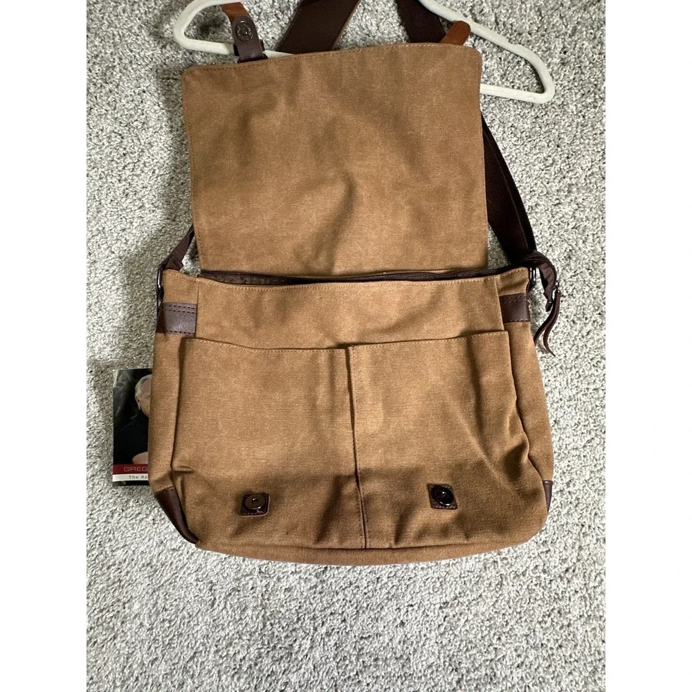 Greg Norman Canvas Messenger Bag Brown Crossbody Laptop Travel NWT